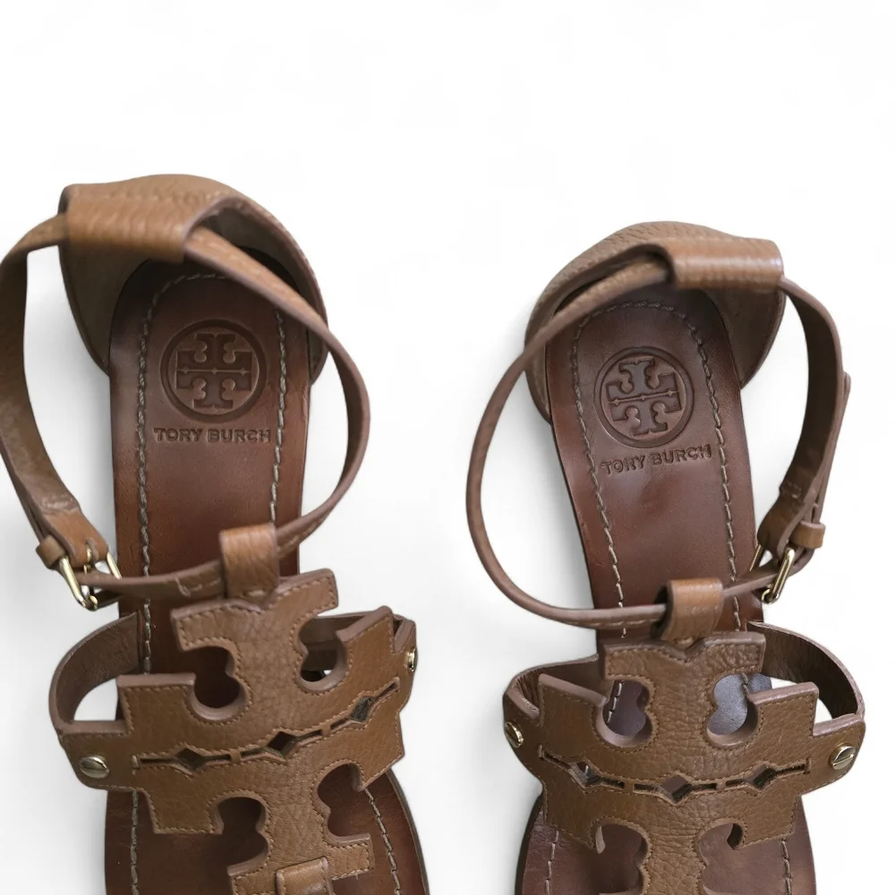 TORY BURCH Chandler Tumbled Leather Wedge Sandals – Size 9.5 - Picture 4 of 13